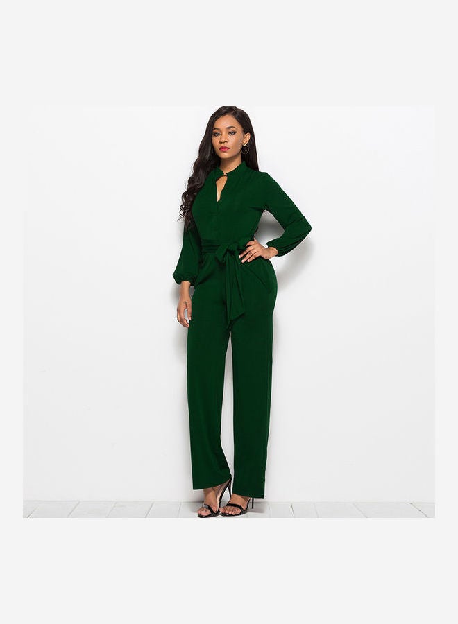 Generic - Solid Belted Playsuit Dark Green - Image 1