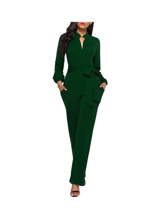 Generic - Solid Belted Playsuit Dark Green - Image 1