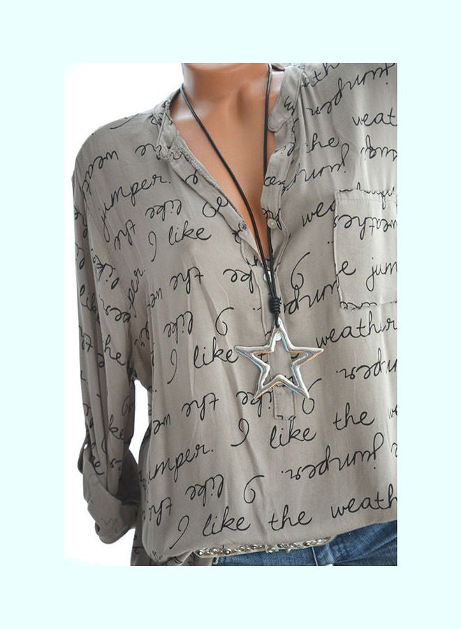 Casual Shirt V-Neck Letters Print Fashionable Pullover Top Light Gray  - Image 1