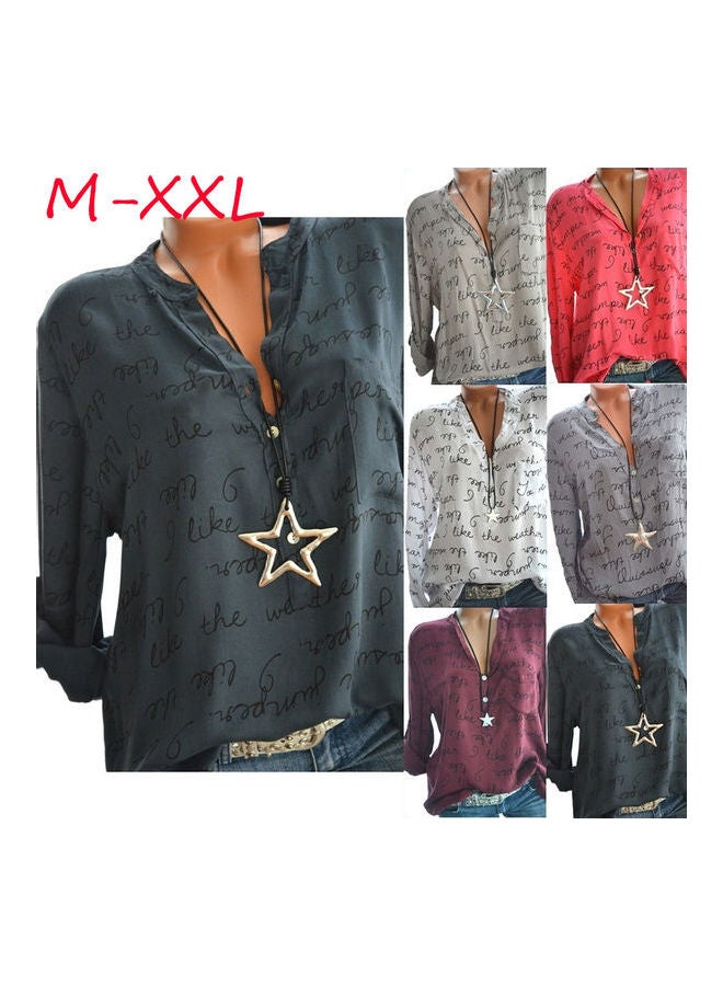 Casual Shirt V-Neck Letters Print Fashionable Pullover Top Light Gray  - Image 3