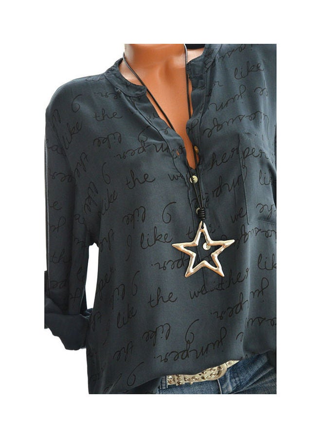 Casual Shirt V-Neck Letters Print Fashionable Pullover Top Light Gray  - Image 4