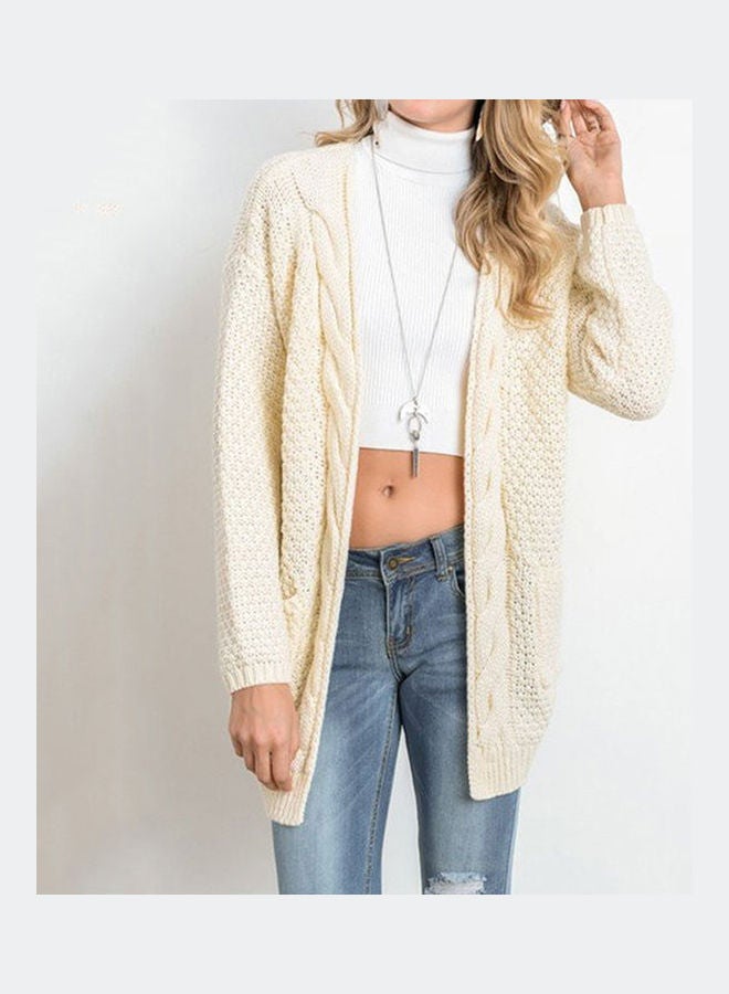 Casual Fashion Coat with Pocket Cardigan Sweater Warm Knitting Tops Creamy White - Image 3