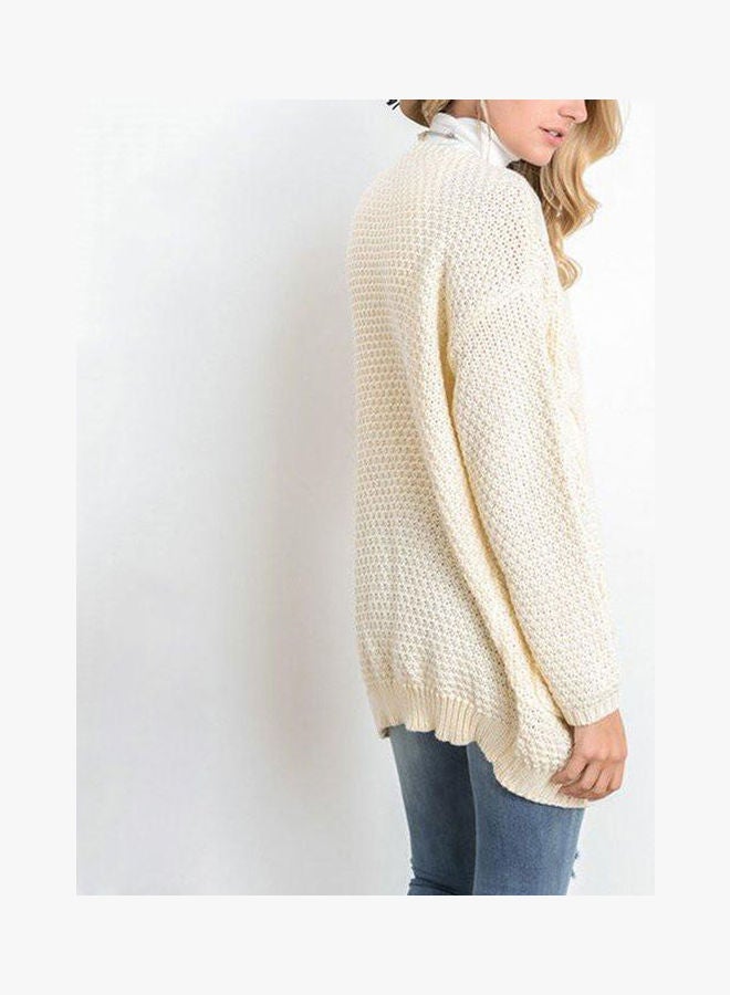 Casual Fashion Coat with Pocket Cardigan Sweater Warm Knitting Tops Creamy White - Image 4