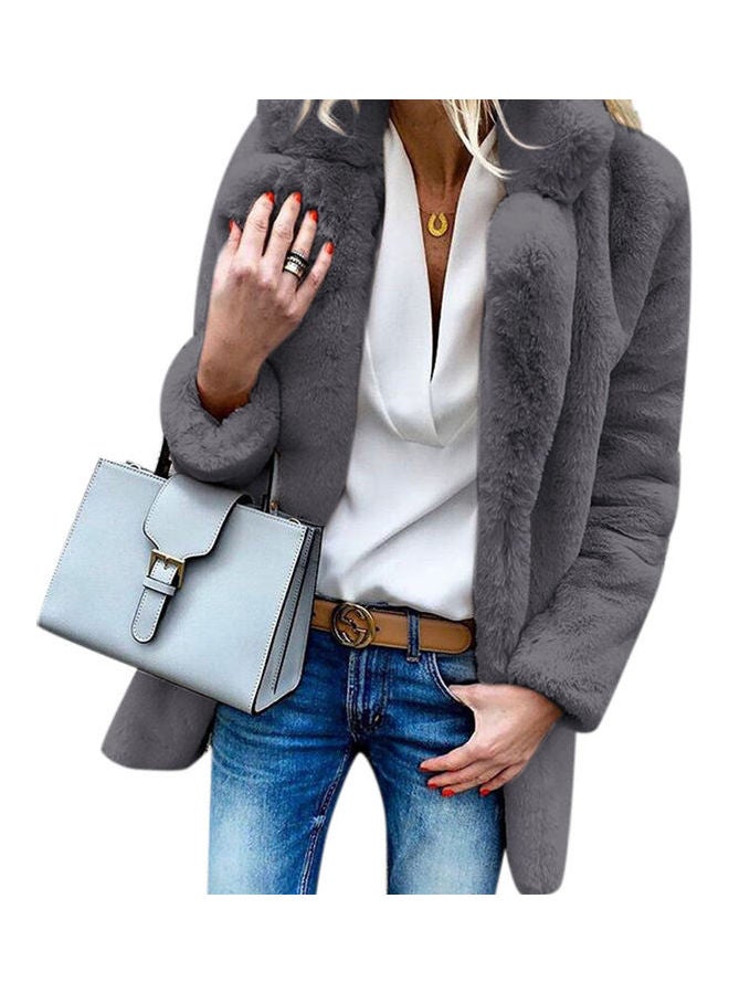 Furry Coat Long Sleeve Lapel Soft Fleeced Jacket Outwear Top Dark Gray - Image 1