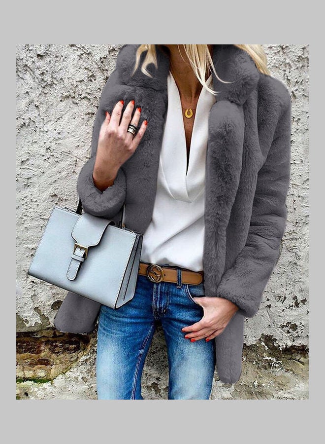 Furry Coat Long Sleeve Lapel Soft Fleeced Jacket Outwear Top Dark Gray - Image 2