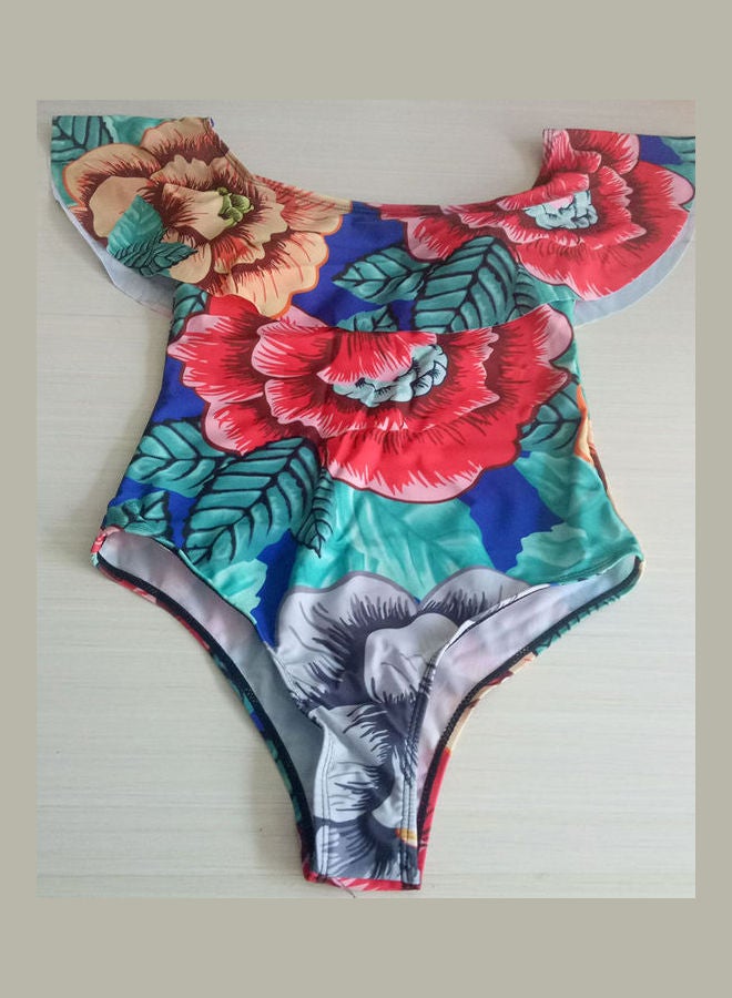 Fashion Slim Ruffle Boat Neck Collar Printing Bikini Multicolor - Image 2