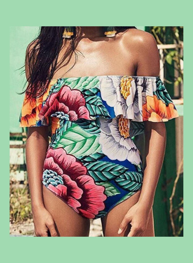 Fashion Slim Ruffle Boat Neck Collar Printing Bikini Multicolor - Image 4