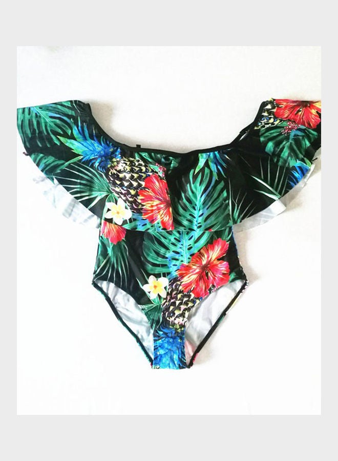 Fashion Slim Ruffle Boat Neck Collar Printing Bikini Multicolor - Image 5