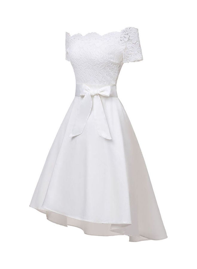 Off Shoulder Full Dress Bowknot Evening Gown White  - Image 3