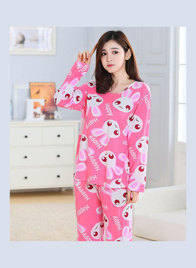 Long Sleeves Sleepwear Suit Cartoon Pullover Top Wide Pants Home Pajama Set Pink  - Image 4