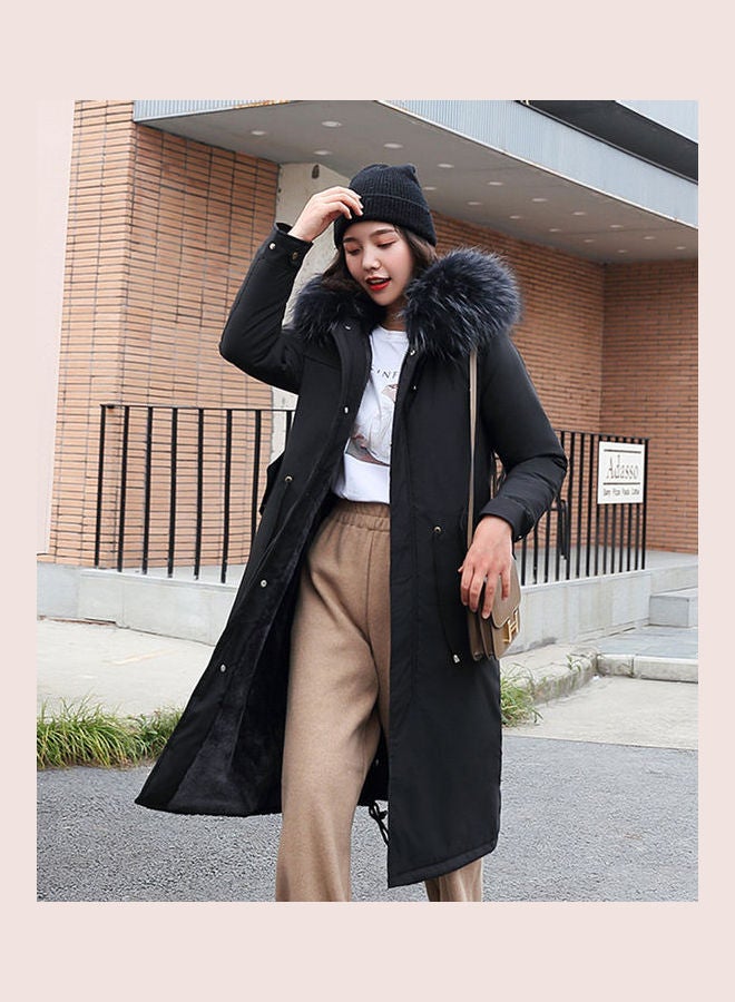 Winter Jacket Loose Waist Leisure Hooded Lining Lamb Wool Cotton Suit Black  - Image 1