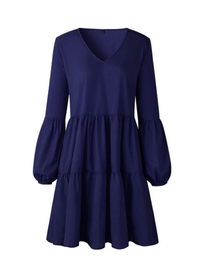 Long Sleeves V-Neck Stitching High Waist Mini Casual Dress Dark Blue - Image 1