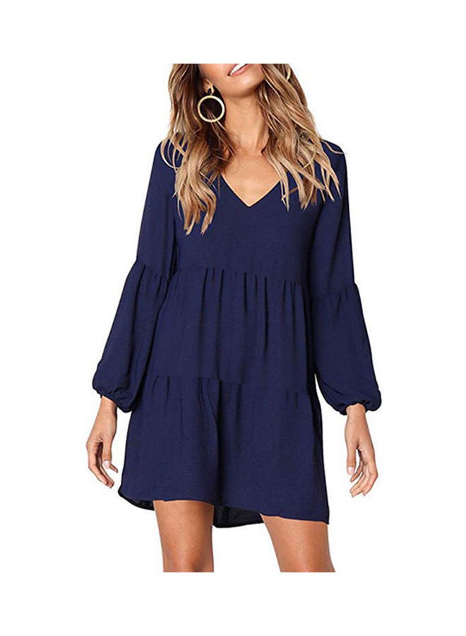 Long Sleeves V-Neck Stitching High Waist Mini Casual Dress Dark Blue - Image 2