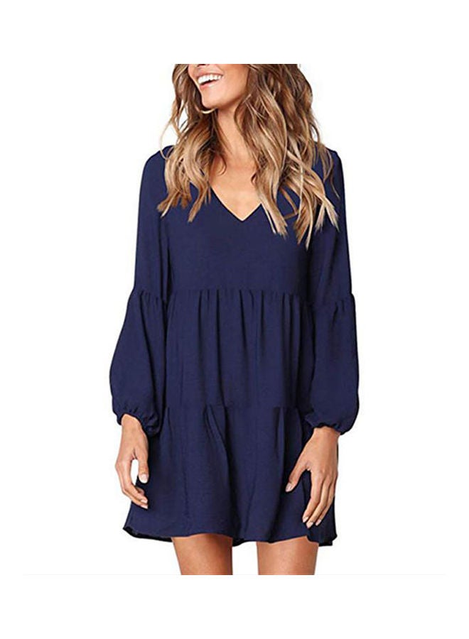 Long Sleeves V-Neck Stitching High Waist Mini Casual Dress Dark Blue - Image 3
