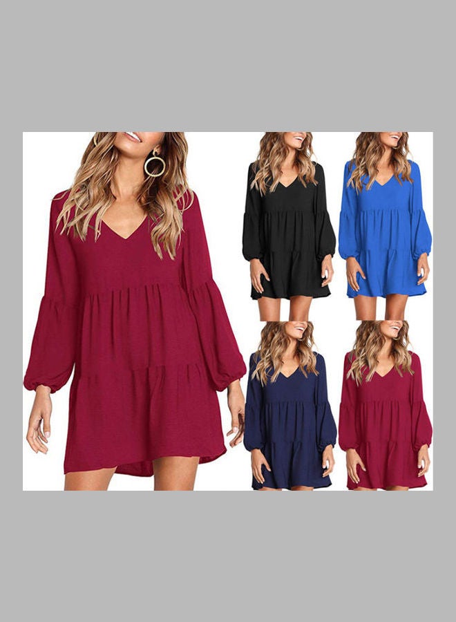 Long Sleeves V-Neck Stitching High Waist Mini Casual Dress Dark Blue - Image 4