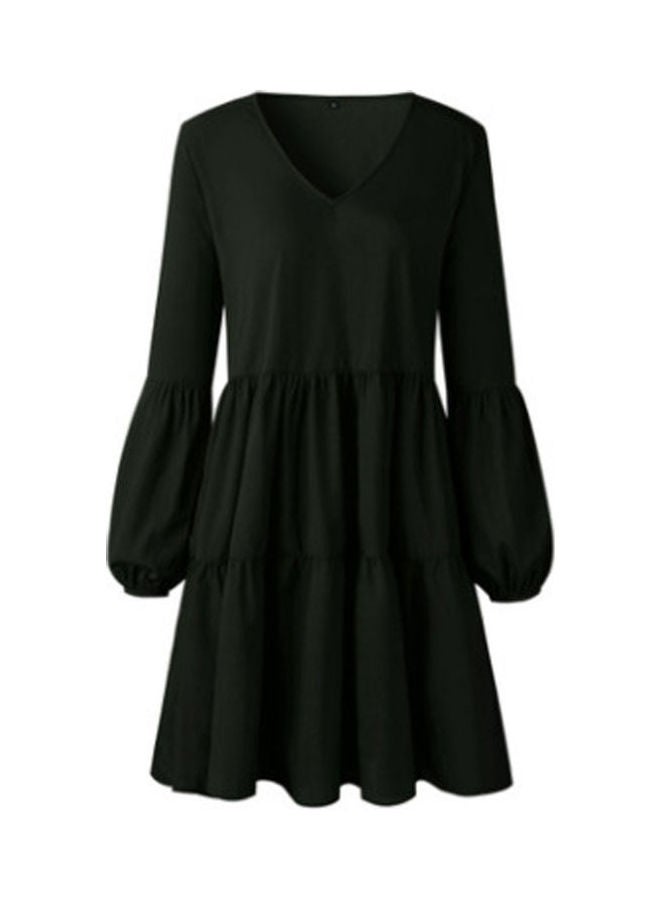 Long Sleeves V-Neck Stitching High Waist Mini Casual Dress Black - Image 1