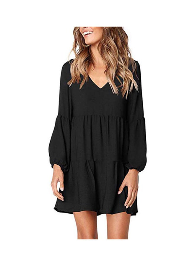 Long Sleeves V-Neck Stitching High Waist Mini Casual Dress Black - Image 2