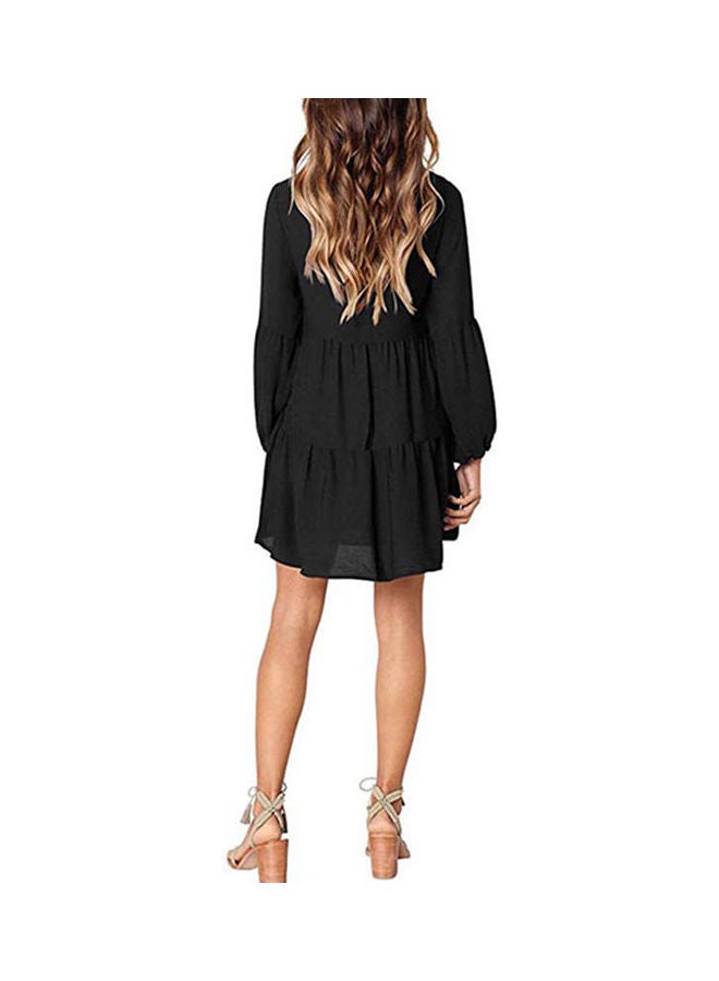 Long Sleeves V-Neck Stitching High Waist Mini Casual Dress Black - Image 3