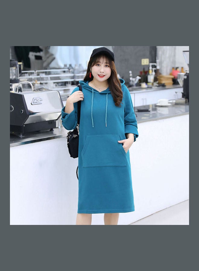 Solid Pattern Hooded Midi Dress Blue - Image 1