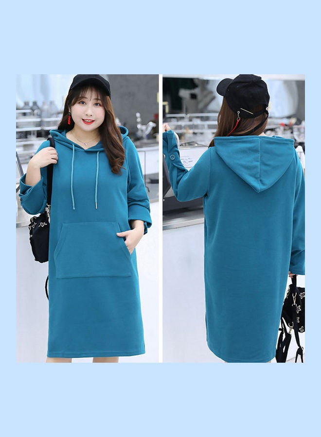 Solid Pattern Hooded Midi Dress Blue - Image 3