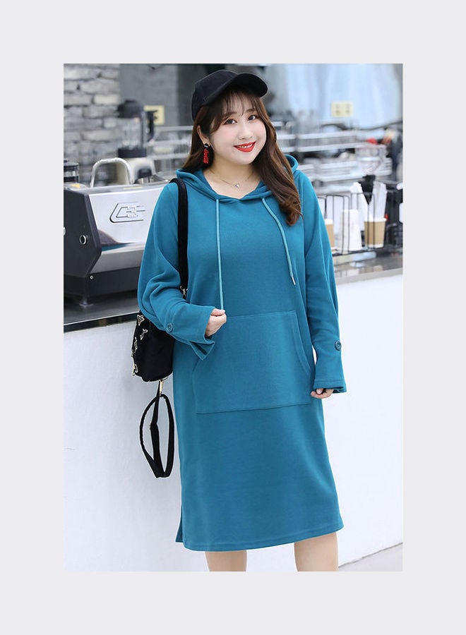 Solid Pattern Hooded Midi Dress Blue - Image 4