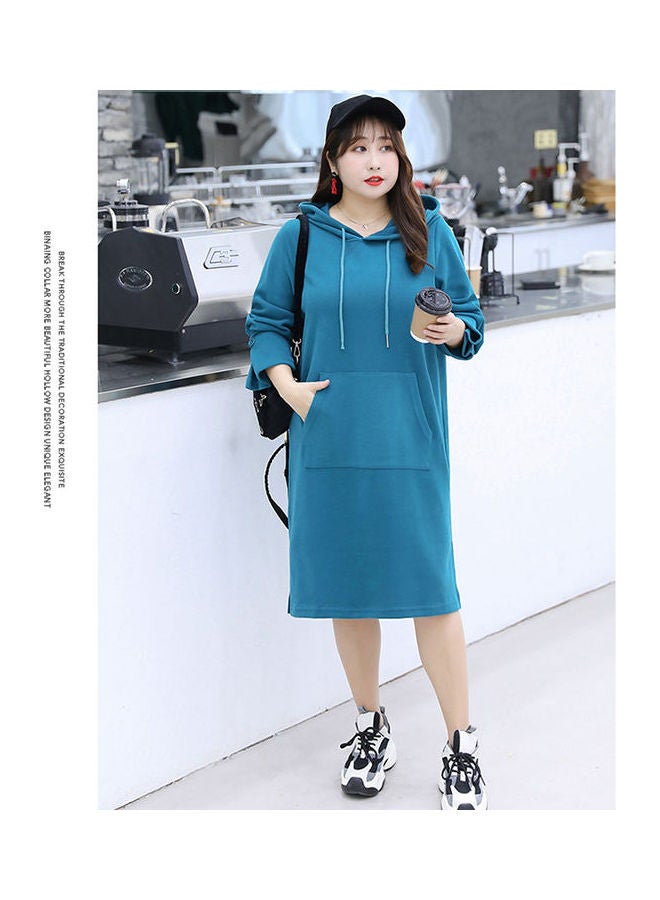 Solid Pattern Hooded Midi Dress Blue - Image 5