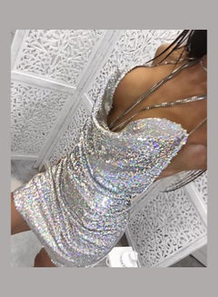 Generic Rhinestone Sequins Backless Hanging Neck Sling Slim Bodycon Evening Dress Silver  - Image 3