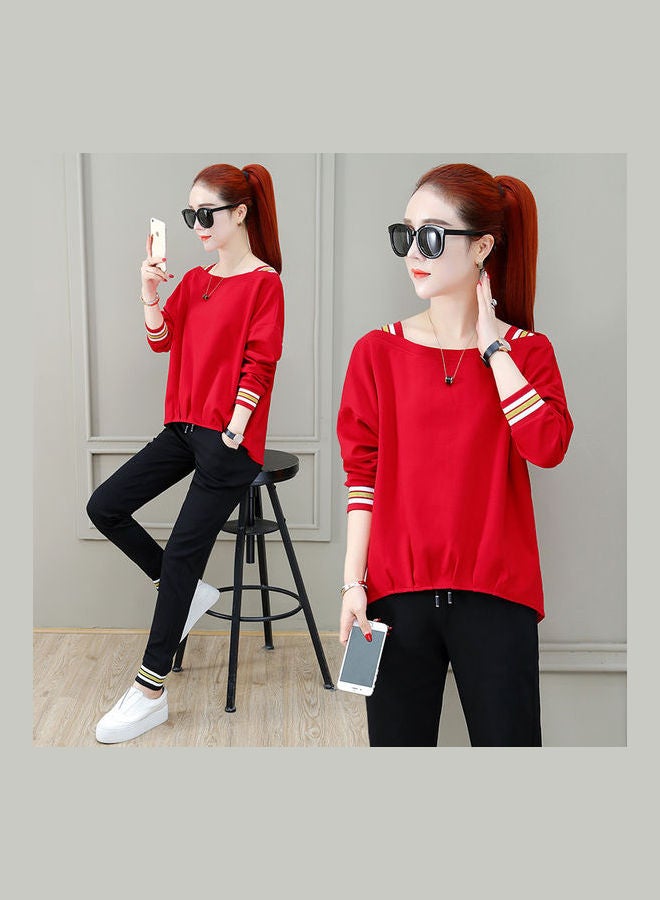 بدلة فاخرة مكونة من بلوزة رياضية كاجوال فضفاضة وبنطال مزود برباط مناسب لفصلي الربيع والخريف أحمر - Image 1