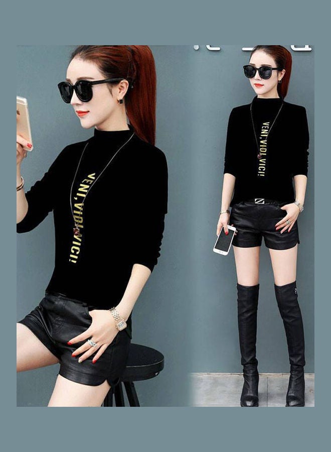 Autumn Winter Slim Half Collar Long Sleeve Base Shirt Top Black - Image 1