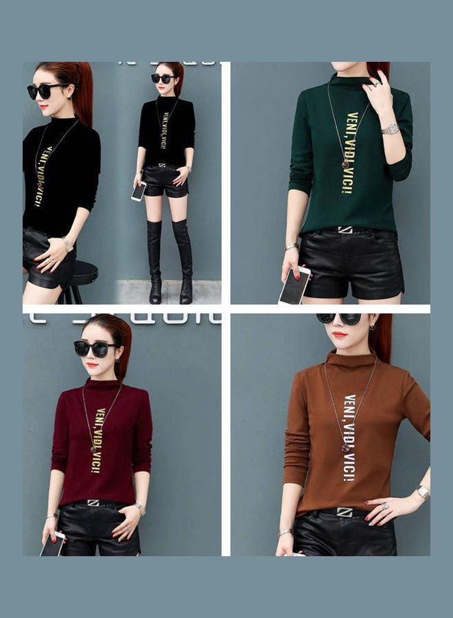 Autumn Winter Slim Half Collar Long Sleeve Base Shirt Top Black - Image 3