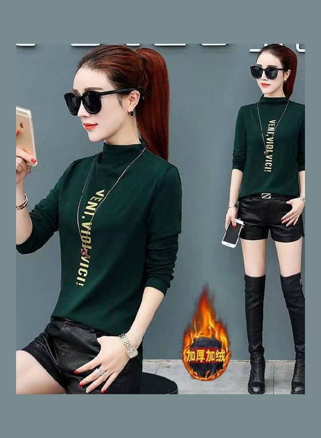 Autumn Winter Slim Half Collar Long Sleeve Base Shirt Top Dark green - Image 1