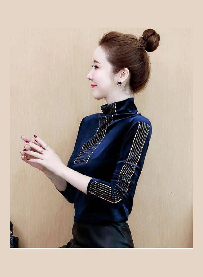 Velvet Shirt With Rhinestone Decorated Long Sleeves Leisure Top Pullover Blue  - Image 1
