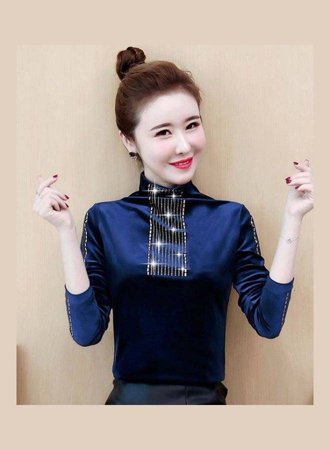 Velvet Shirt With Rhinestone Decorated Long Sleeves Leisure Top Pullover Blue  - Image 2