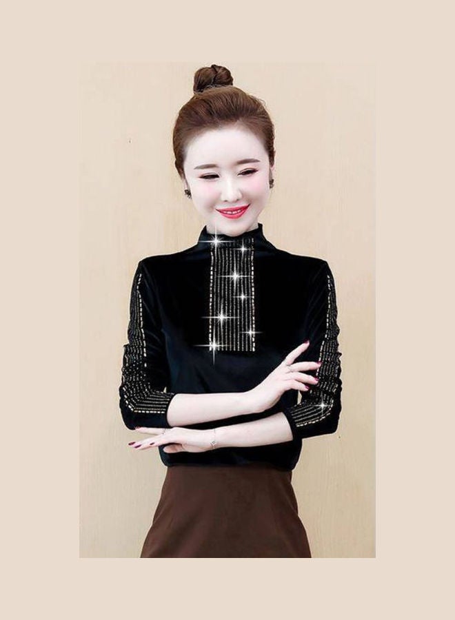 Velvet Shirt With Rhinestone Decorated Long Sleeves Leisure Top Pullover Blue  - Image 4