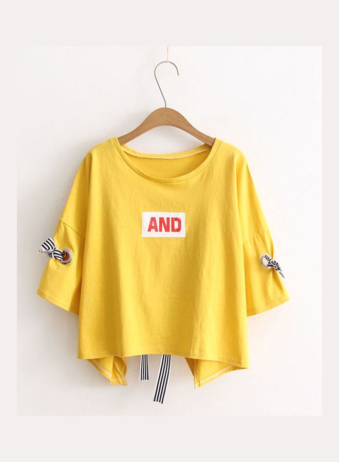 بلوزة كاجوال صيفية بتصميم تيشيرت فضفاض بفتحة رقبة مستديرة وأكمام متوسطة الطول أصفر - Image 1