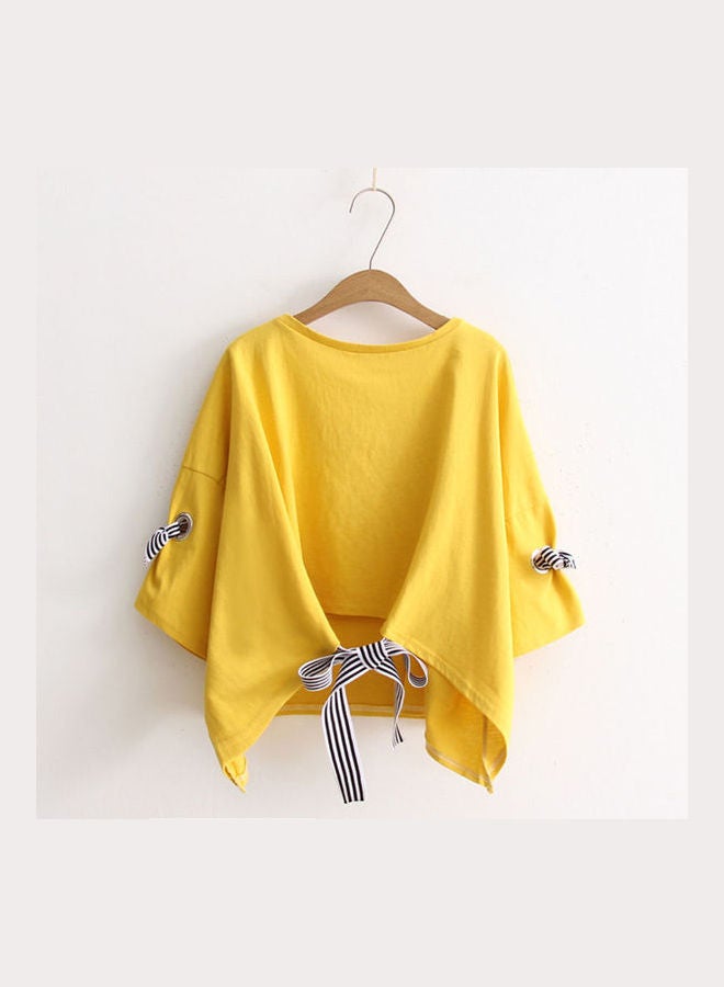 بلوزة كاجوال صيفية بتصميم تيشيرت فضفاض بفتحة رقبة مستديرة وأكمام متوسطة الطول أصفر - Image 3
