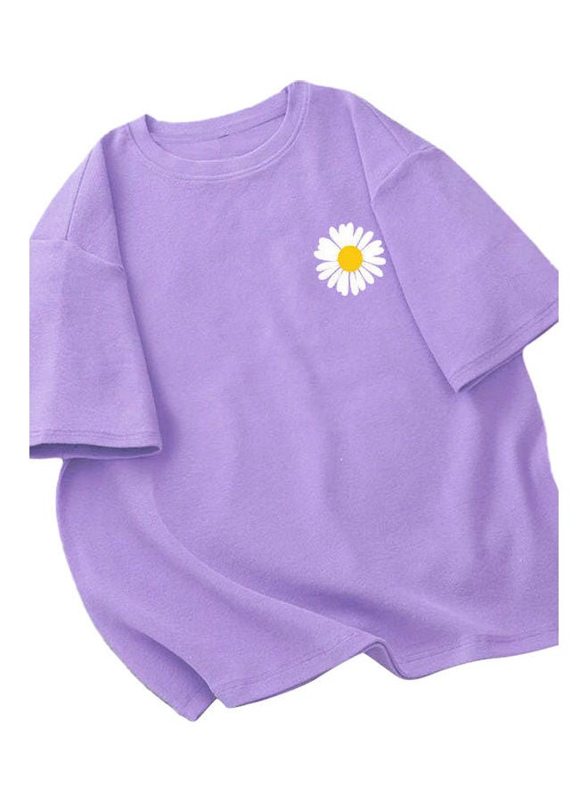 تيشيرت صيفي من القطن بأكمام قصيرة بتصميم فضفاض ولون سادة مزين بطبعة زهرة الأقحوان أرجواني - Image 1