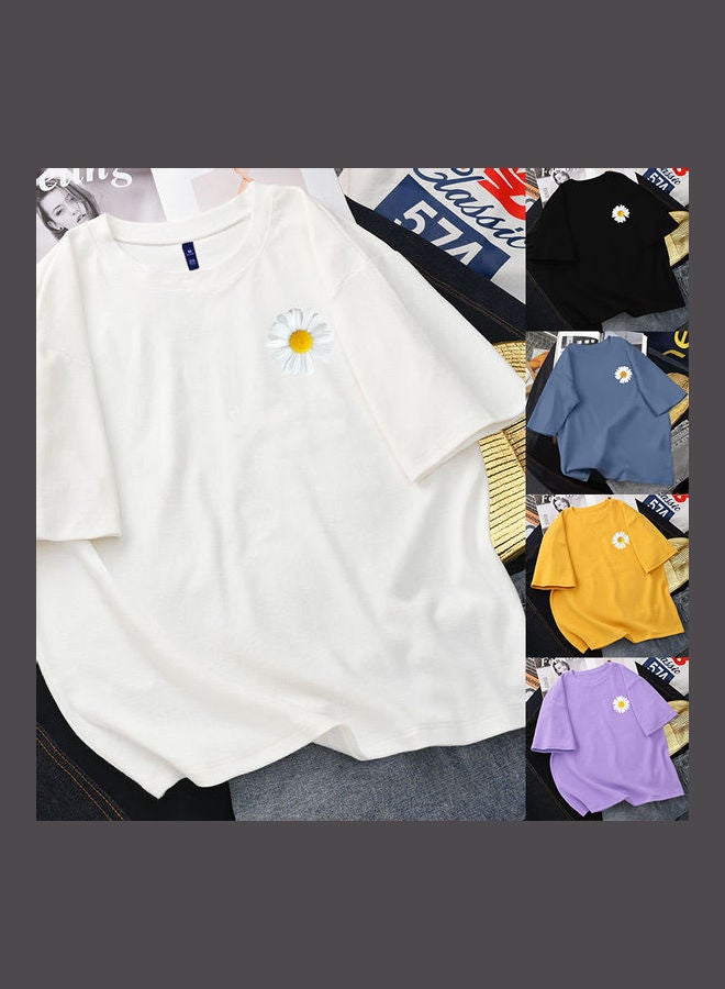 تيشيرت صيفي من القطن بأكمام قصيرة بتصميم فضفاض ولون سادة مزين بطبعة زهرة الأقحوان أرجواني - Image 4