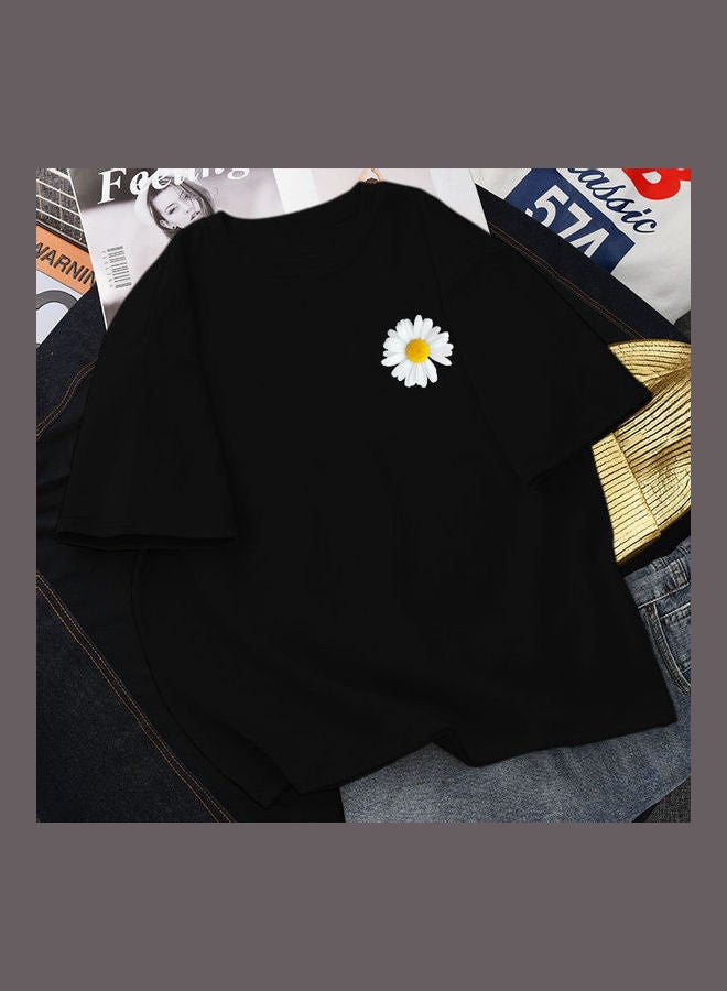 تيشيرت صيفي من القطن بأكمام قصيرة بتصميم فضفاض ولون سادة مزين بطبعة زهرة الأقحوان أرجواني - Image 5