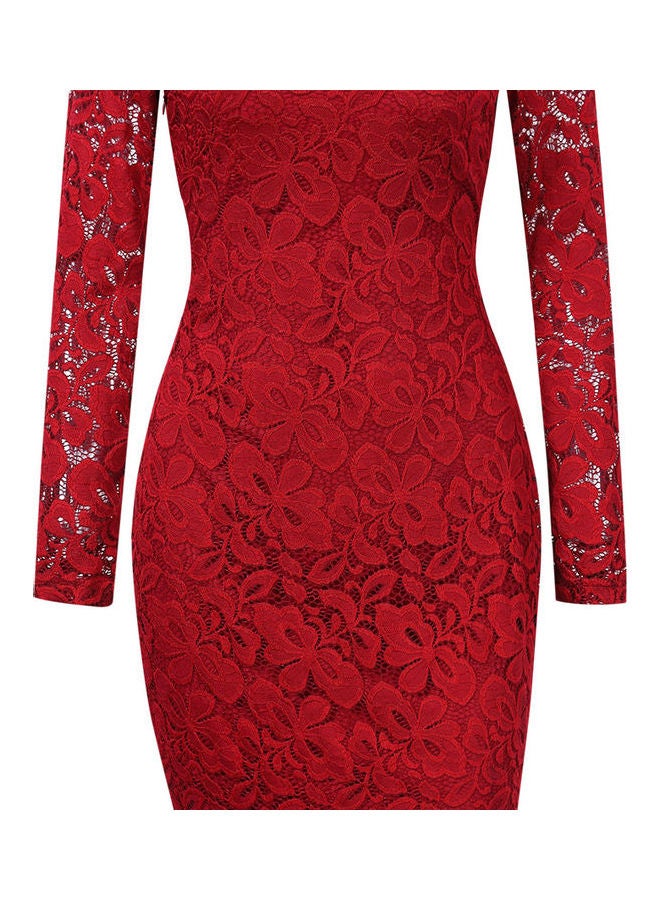 Elegant Floral Lace Dress Wine Red - Image 1