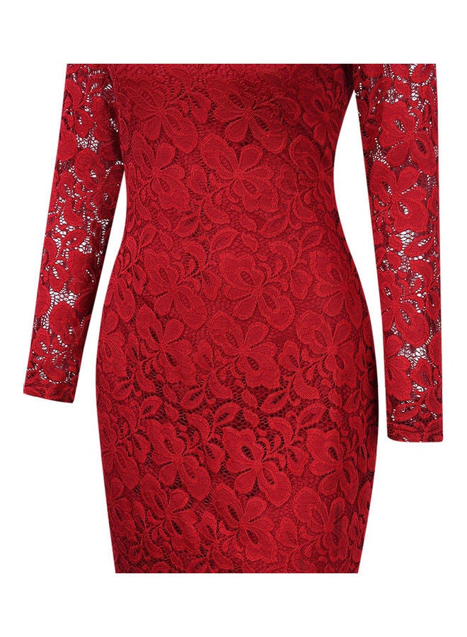 Elegant Floral Lace Dress Wine Red - Image 2