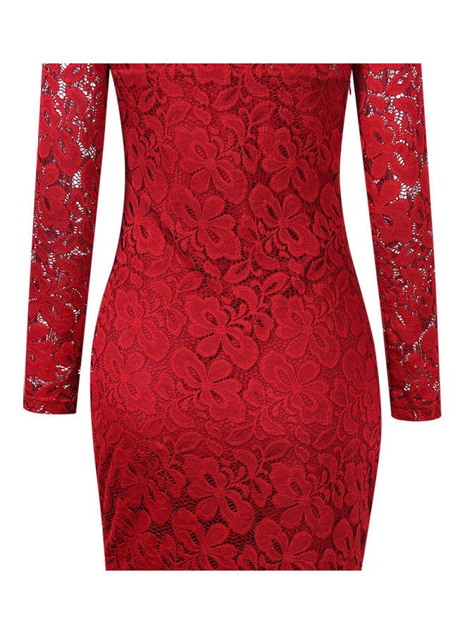 Elegant Floral Lace Dress Wine Red - Image 3