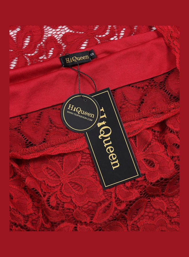Elegant Floral Lace Dress Wine Red - Image 4