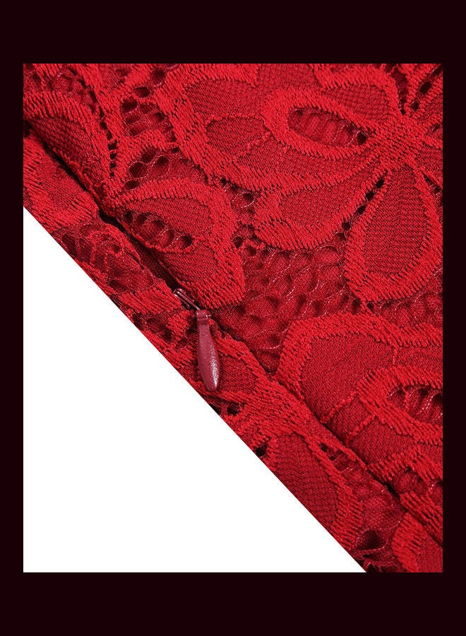Elegant Floral Lace Dress Wine Red - Image 5