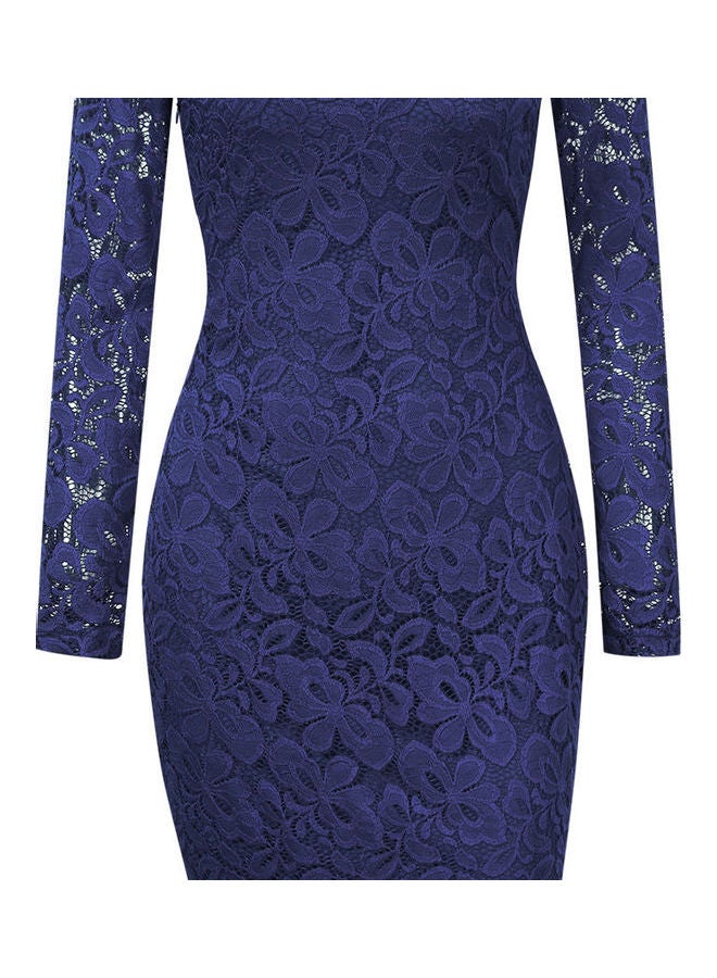 Elegant Floral Lace Dress Navy Blue - Image 1
