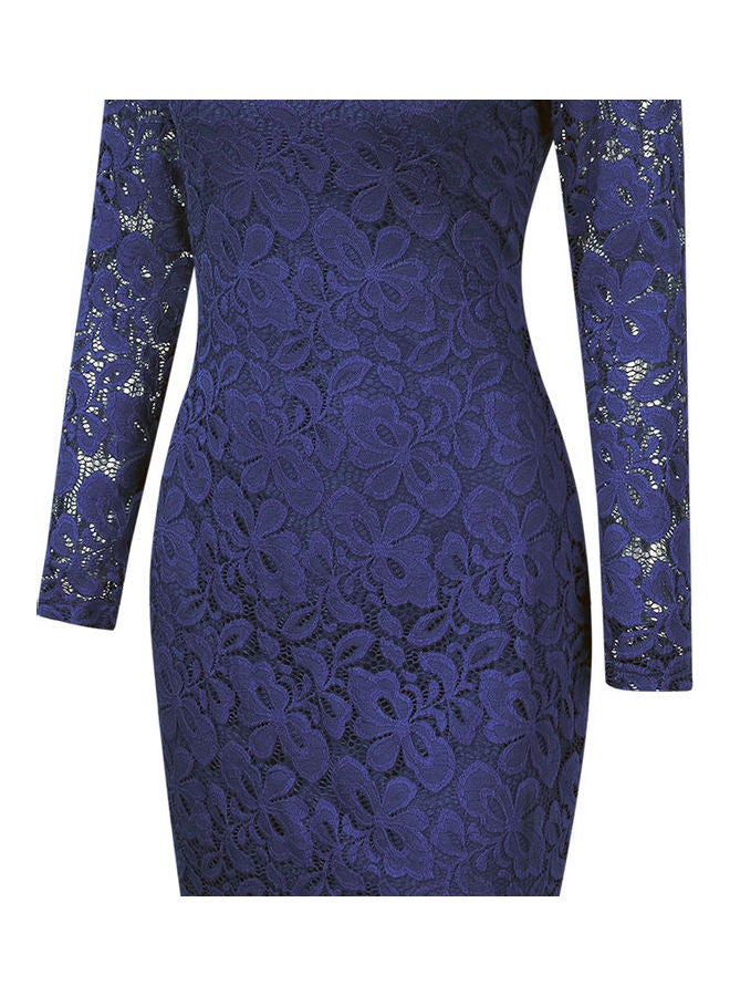 Elegant Floral Lace Dress Navy Blue - Image 2