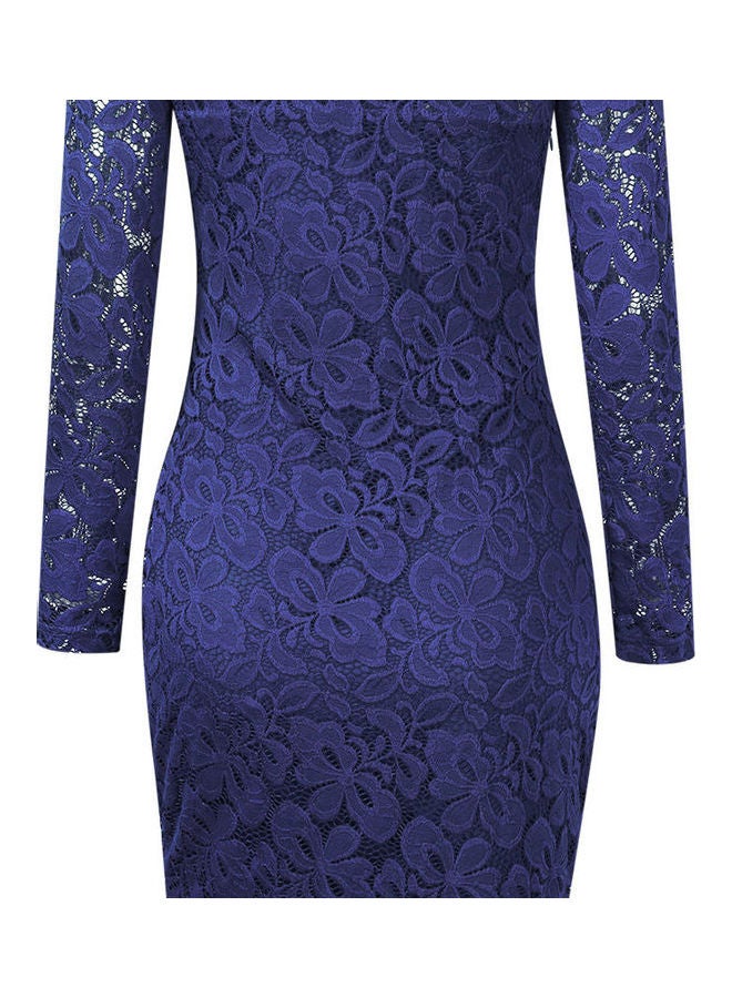 Elegant Floral Lace Dress Navy Blue - Image 3