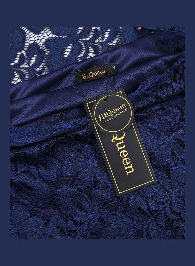 Elegant Floral Lace Dress Navy Blue - Image 4