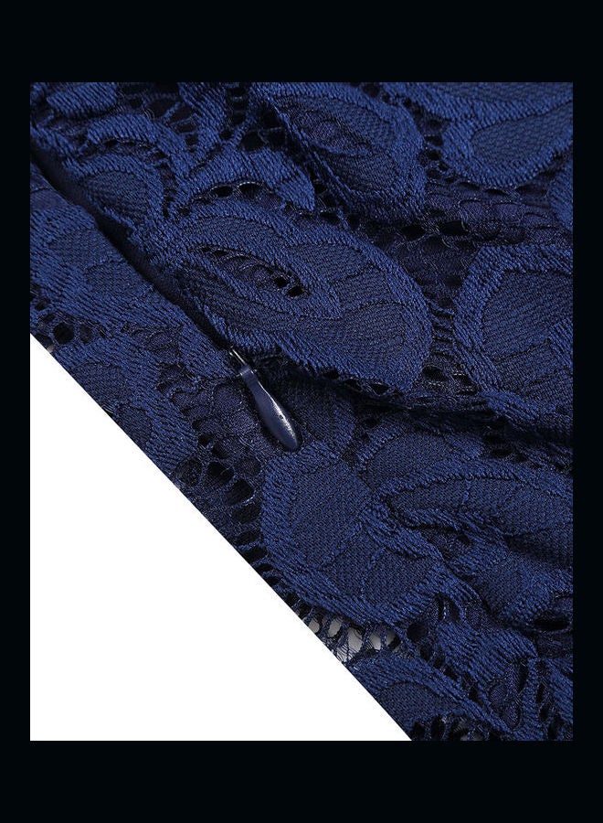 Elegant Floral Lace Dress Navy Blue - Image 5