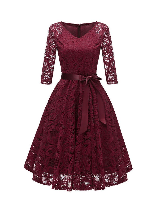 V-neck Lace Fashion Three Quarter Sleeve Slim Bowknot Dress Red - Image 1